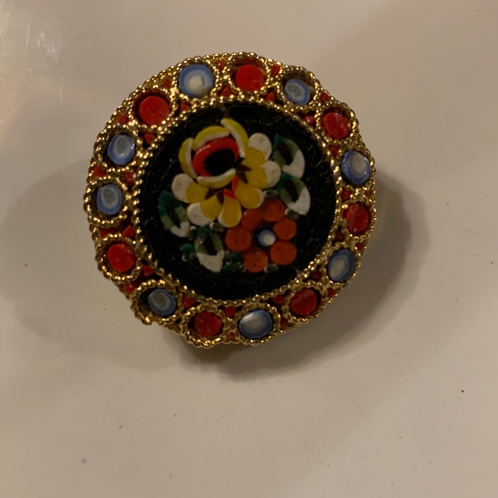 Italian Micro mosaic Flowers Golden Brooch